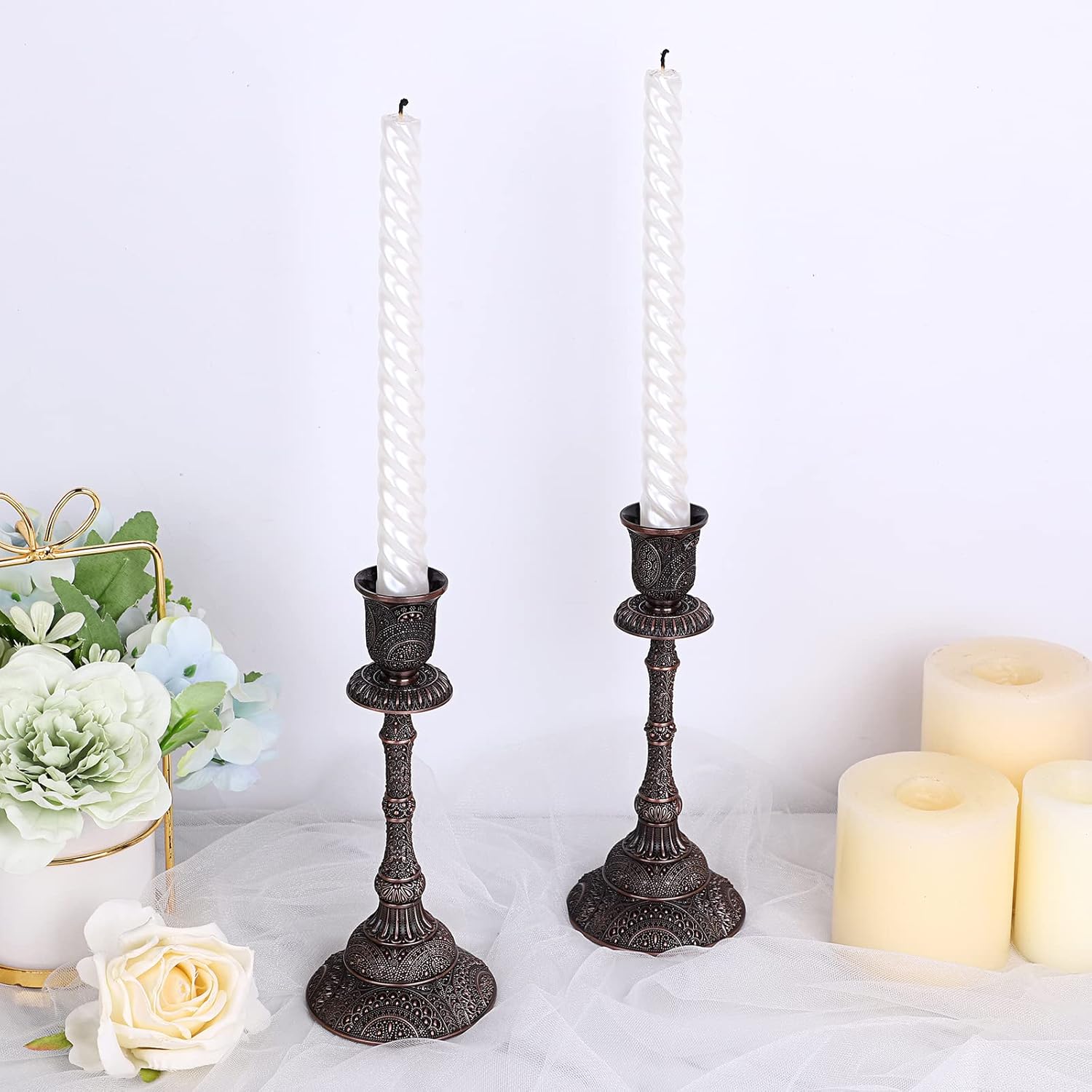 OwnMy Set of 2 Vintage Taper Candle Holders Tall Metal Taper Candlestick Holders, Elegant Taper Candle Stands Red Bronze Taper Candelabra Set for Dining Table Centerpieces Wedding Candlestick Decors - Image 6