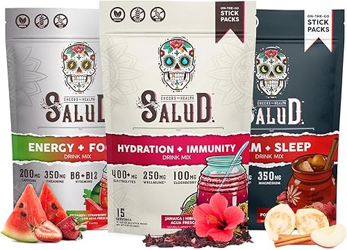 Salud Variety Paquete de 3 Hidratación 2 en 1 + Inmunidad (Hibisco), Energía + Enfoque (sandía fresa) y calma + sueño (almuerzo) 15 porciones cada