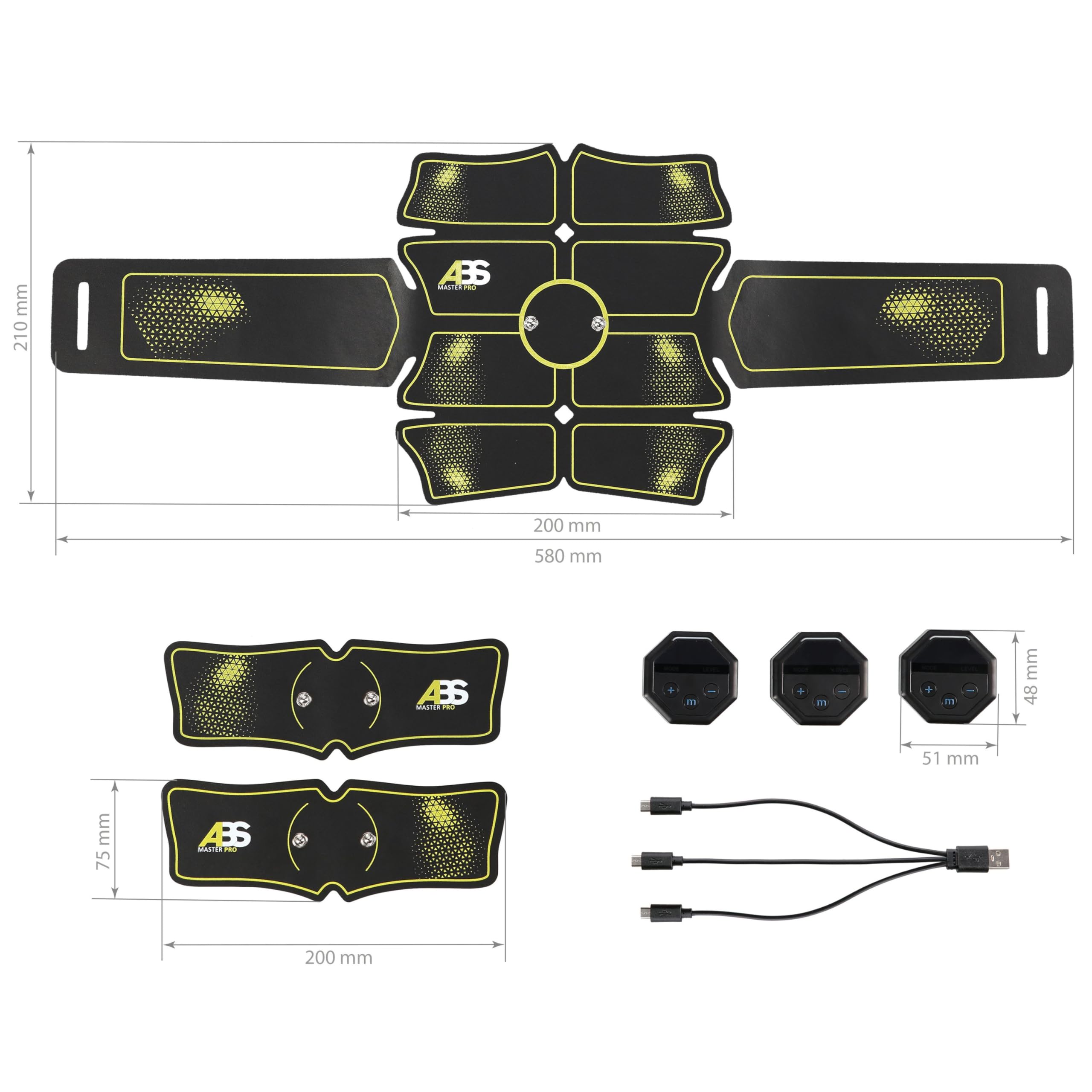ABS Master Pro Super EMS Bauchmuskeltrainer Set | Elektrischer Muskelstimulator mit 3 Gürteln | 10 Programme & 20 Intensitätsstufen | Muskelaufbau, Regeneration & Massage | Für Damen & Herren