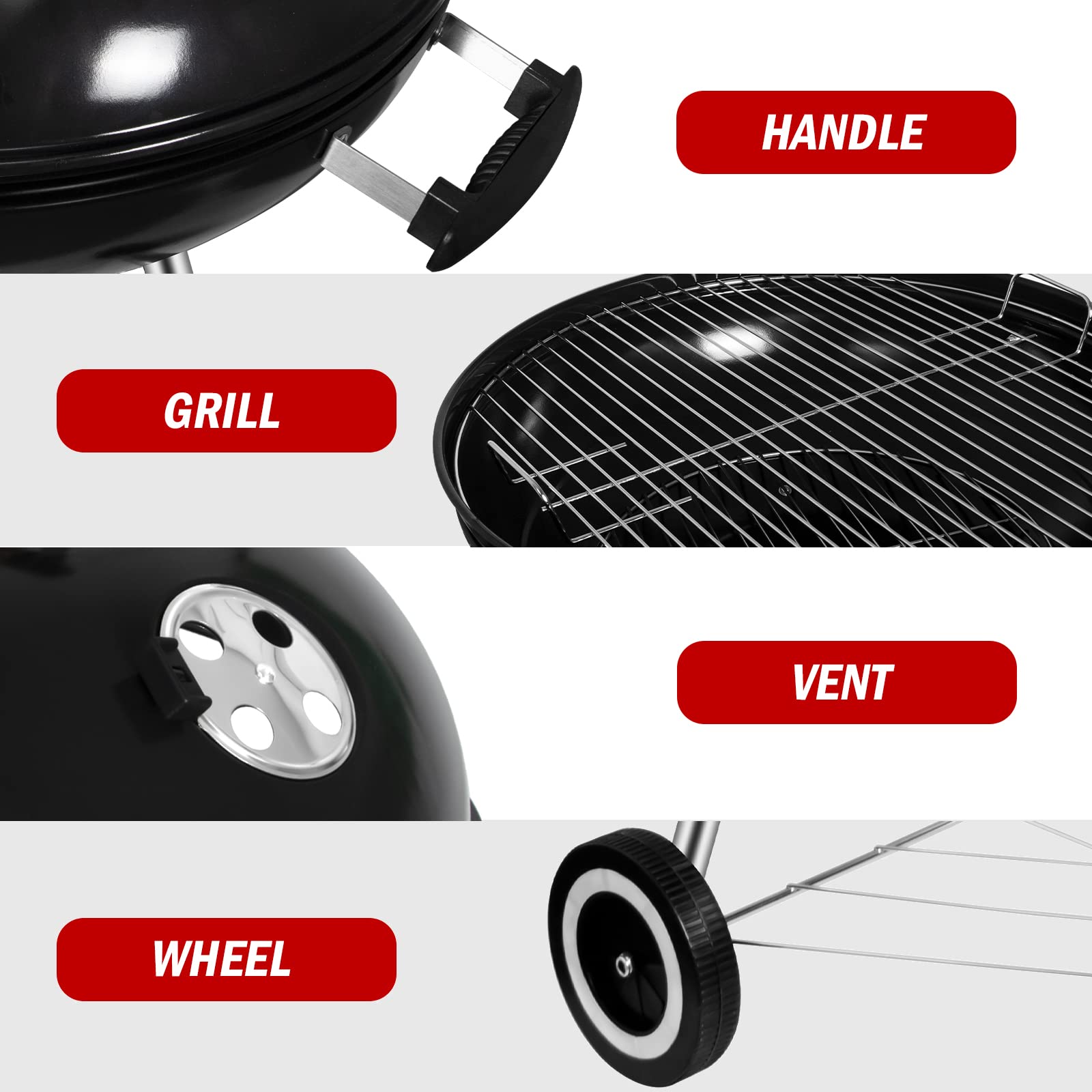 Holzkohle-Kugelgrill mit Deckel, Rundgrill Durchmesser 57 cm, Holzkohlegrillwagen mit Rädern, BBQ Grill schwarze Emaille