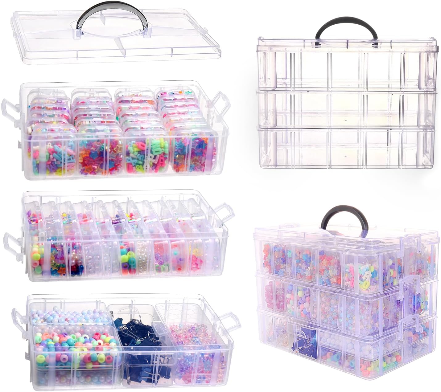 VTG Bead Organizer Box, 56 Pcs Small Plastic Containers with Lids and 3-Tier Stackable Storage Box, Clear Organizers for Jewelry Toys Craft Storage 3 tier coffret
