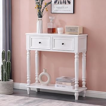 Solid Wood Entryway Console Table with 2/3 Drawers Hallway Storage Cabinet with Open Shelf Living Room Wall Divider Long Narrow Sofa Side Table for Foyer Corridor.White,80.5x30x85cm