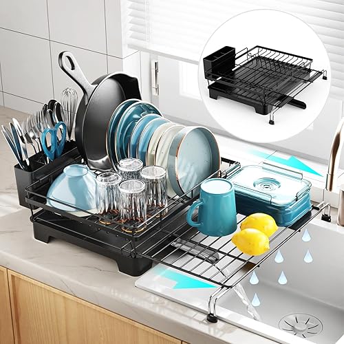 GSlife Escurridor de platos con escurridor  Escurridor de platos expandible 2 en 1 para encimera y fregadero de cocina, escurridor de platos de