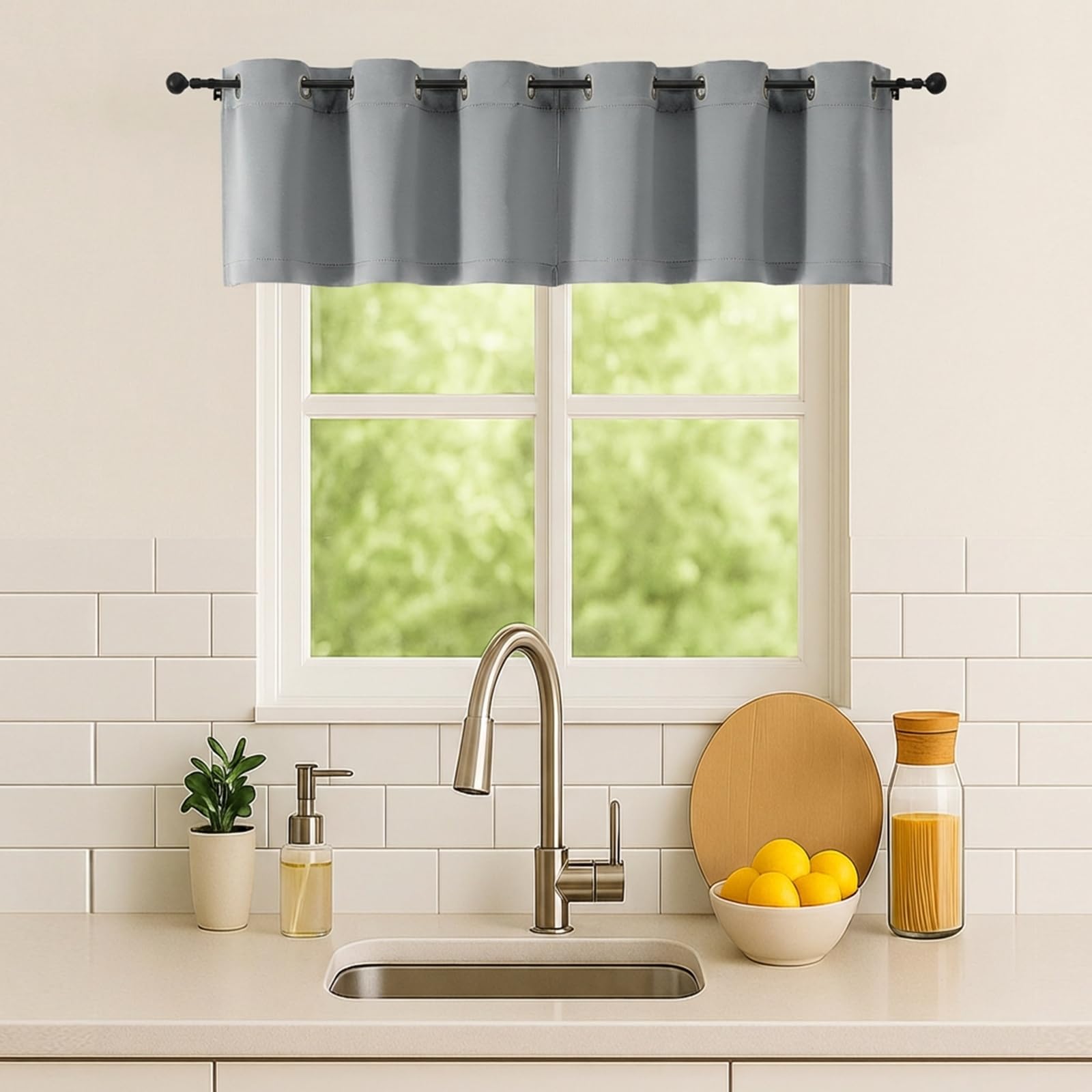Simplebrand Silver Grey Window Valance for Kitchen 14 Inches Long 2 Panels Set, Room Darkening Valance Curtains for Living Room, Grommet Short Privacy Kitchen Curtains for Bedroom Kids Room, 40Wx14L