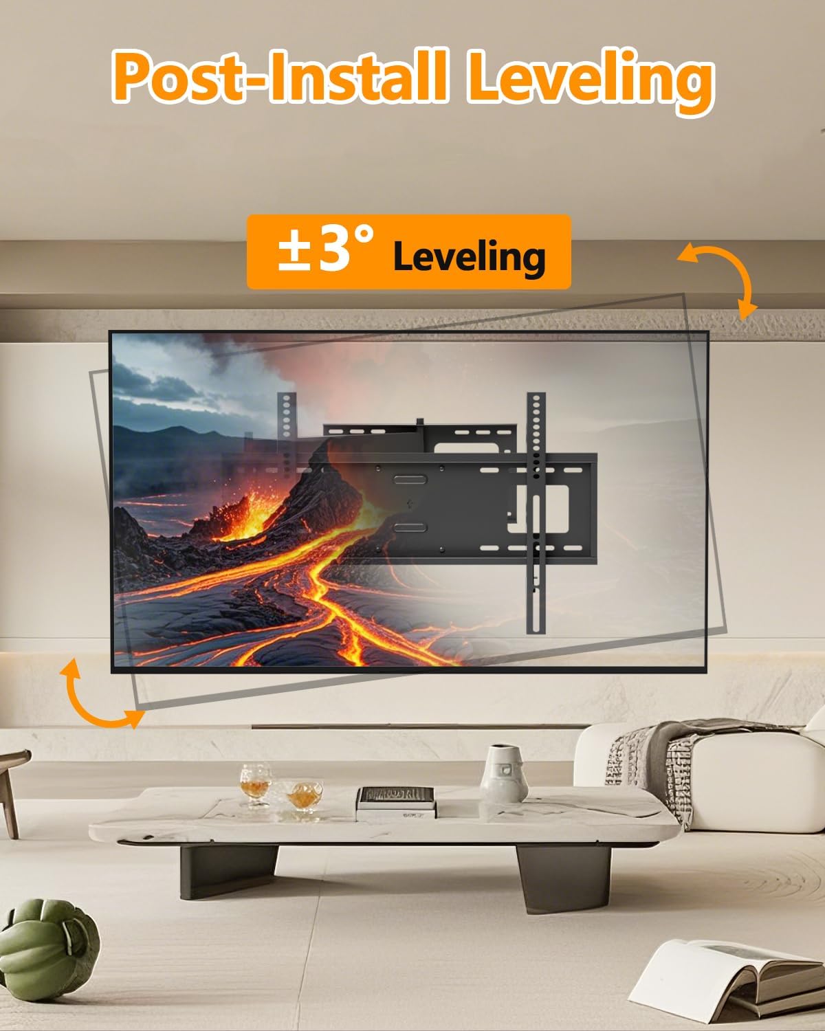 A graphic showing a TV mounted on the wall with arrows indicating a post-installation leveling adjustment of plus or minus 3 degrees.