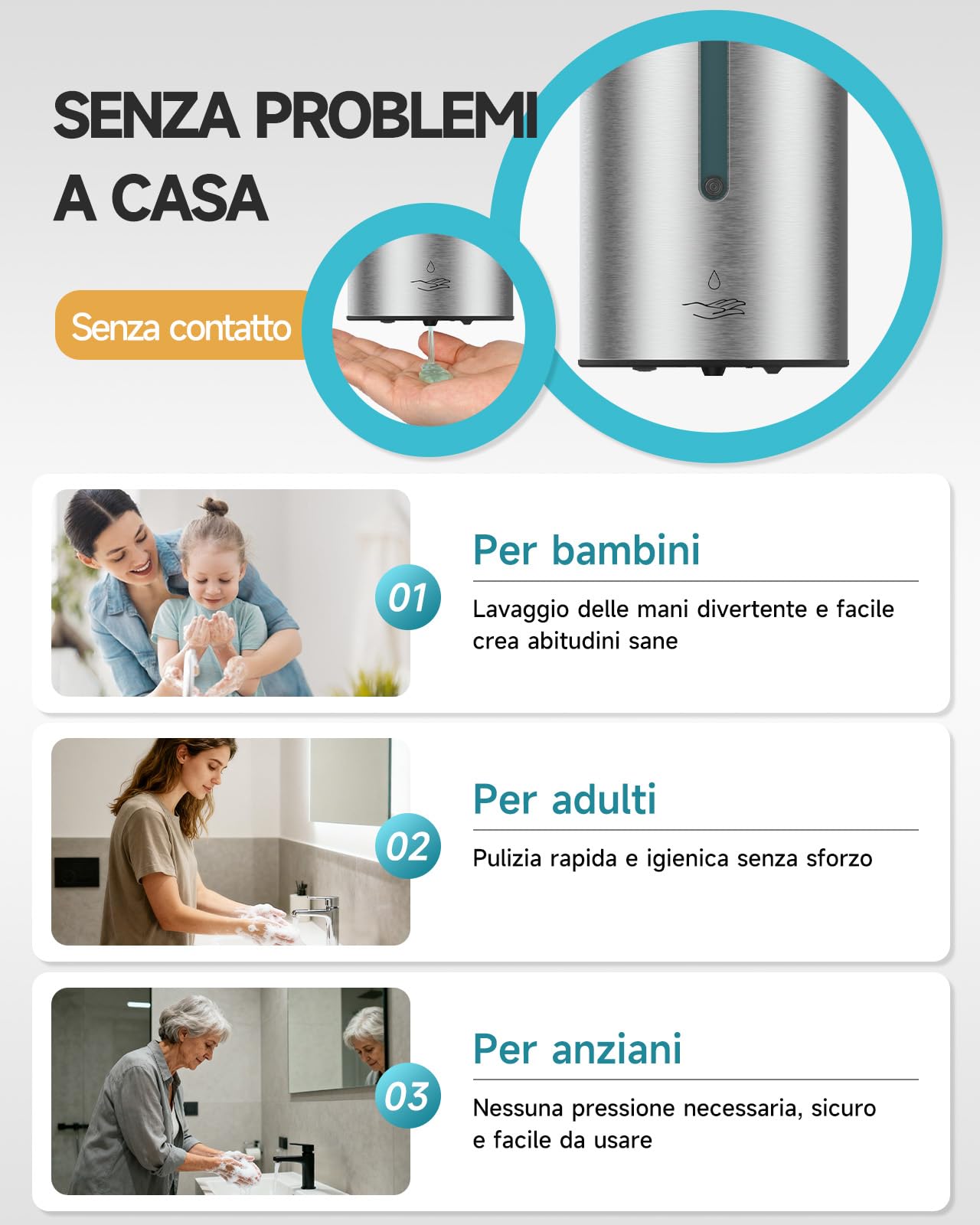AIKE AK1205E Dispenser di Sapone Automatico da Parete, Grande Capacità in Acciaio Inox per Sala da Pranzo e Bagno