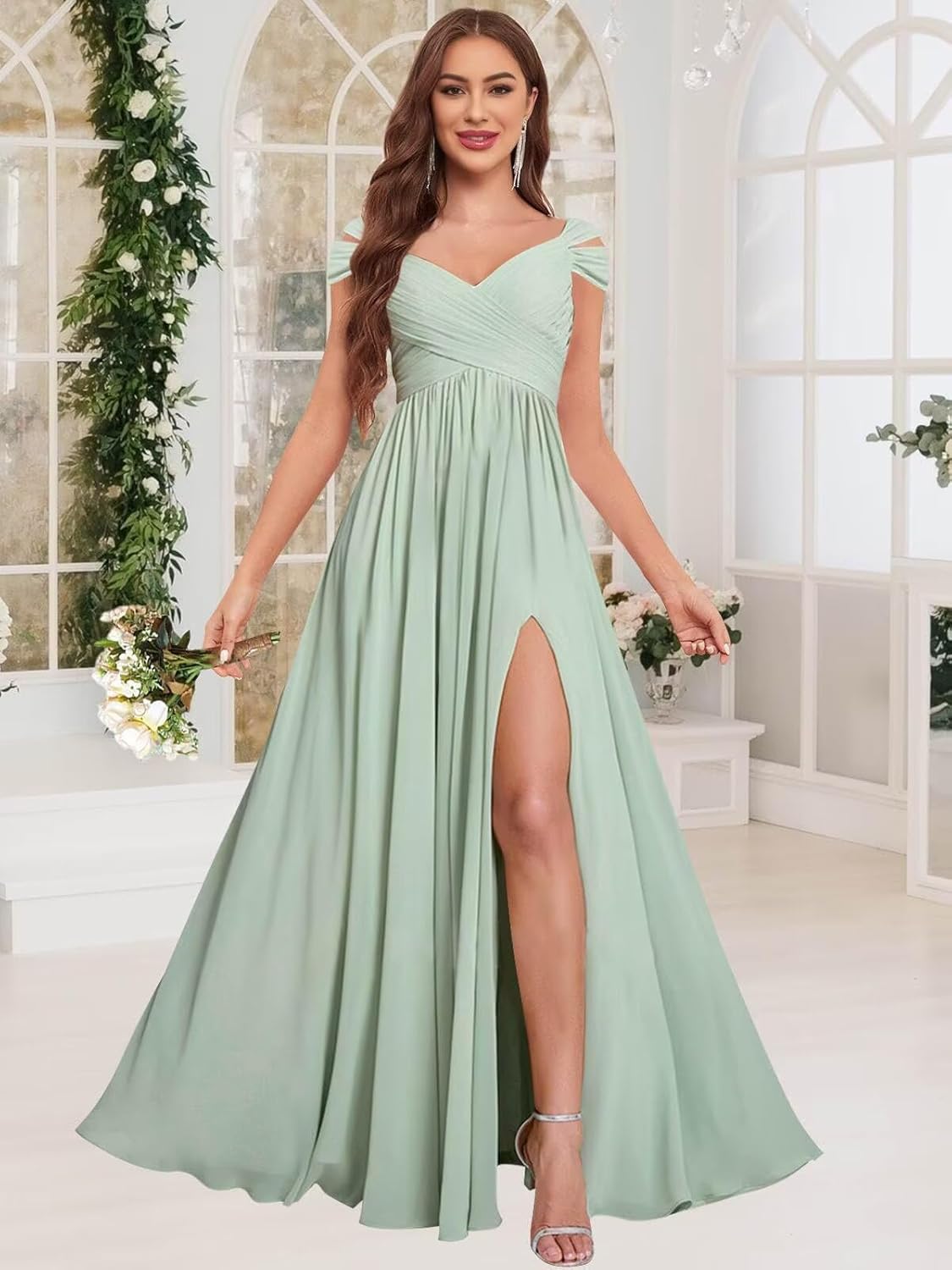 Off The Shoulder Bridesmaid Dresses for Wedding Long with Slit for Women Chiffon Pleated Formal Evening Dress