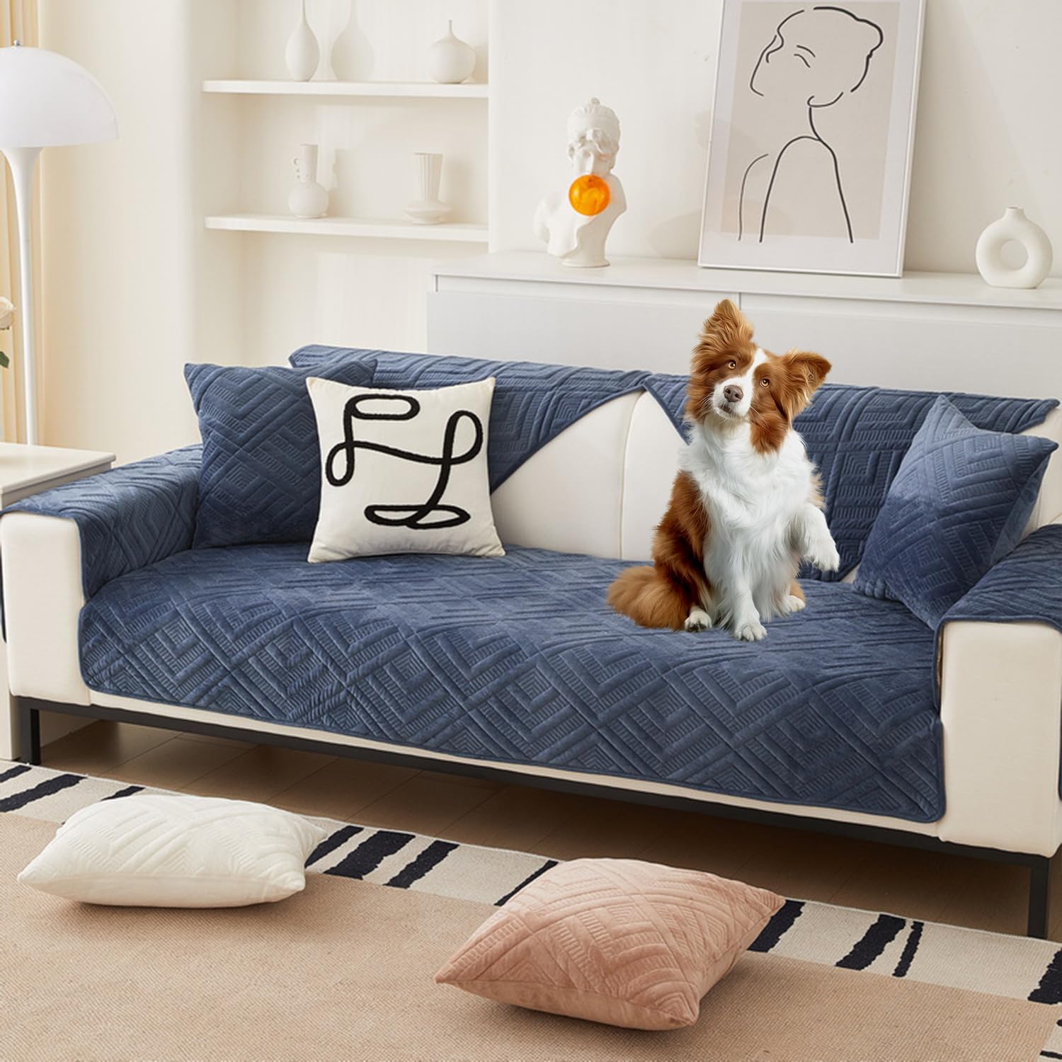 Housse canapé sectionnelle velours premium bleu marine 110x240