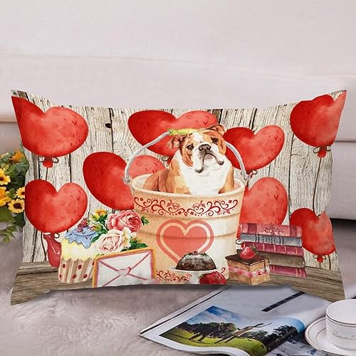 Miniatura 2 de Fundas de almohada lumbar con textura de madera rústica para perro en cubo corazón rojo para el día de San Valentín fundas de cojín de lona para