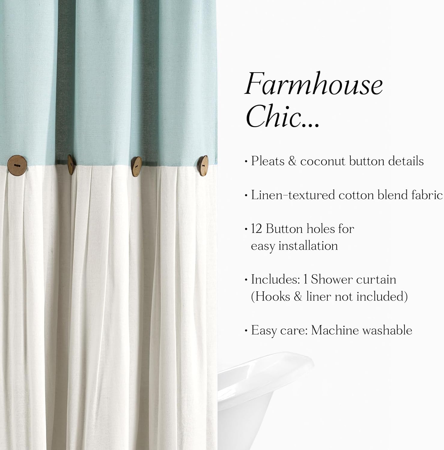 Lush Decor Linen Button Shower Curtain, 72" W x 72" L, Blue & Off White - Blue Shower Curtain Fabric - Bathroom Curtain - Farmhouse Bathroom Decor (Pack of 6)