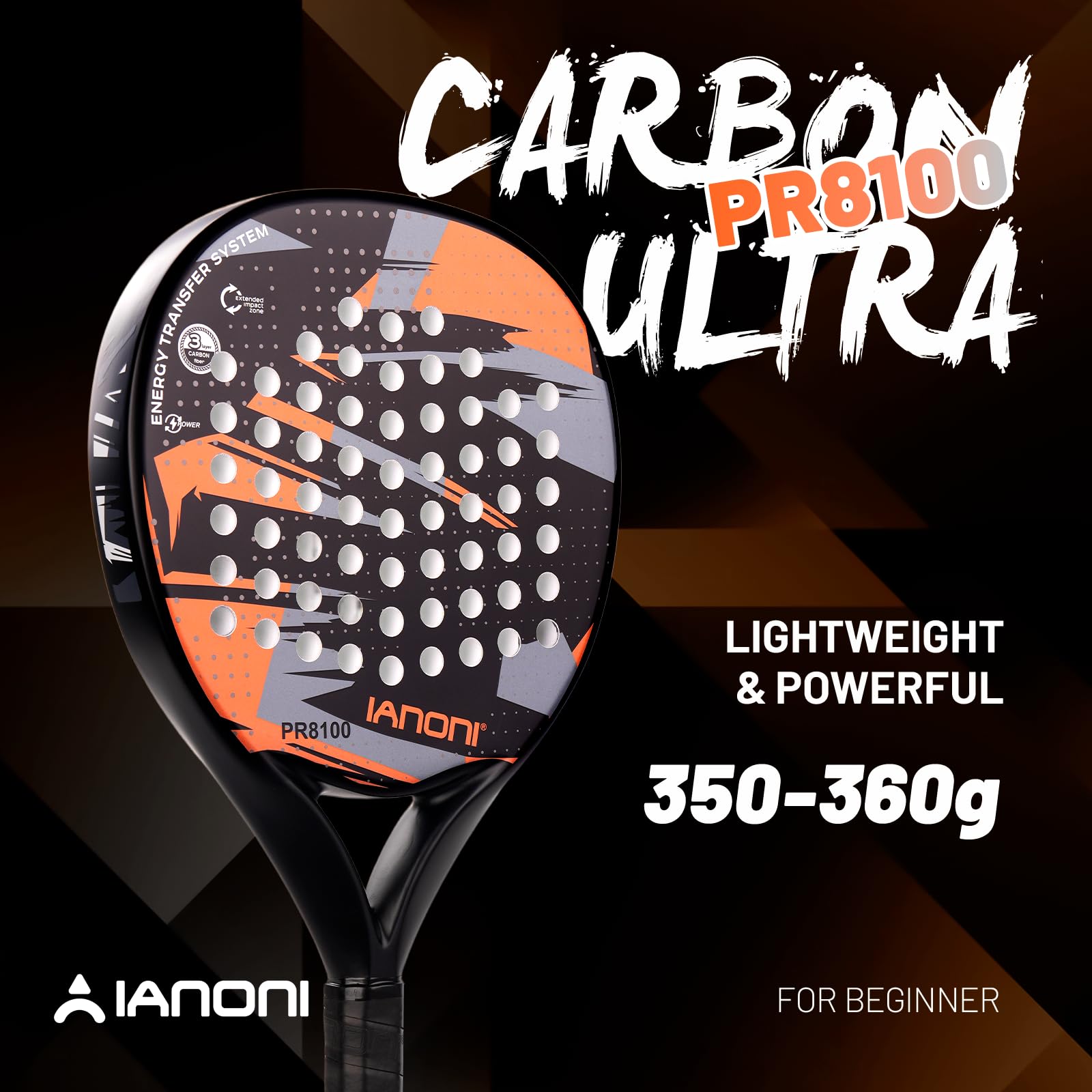 IANONI Racchetta da padel con superficie in fibra di carbonio con nucleo in schiuma EVA Memory Flex Foam Racchetta da tennis Paddle Paddle Racchetta da tennis - 8100 grigio-arancione