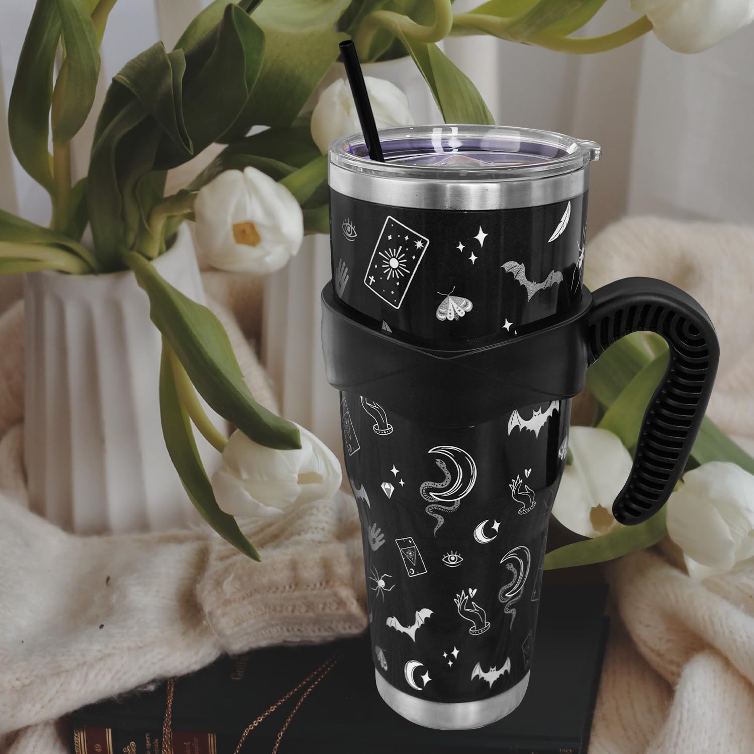 Goth Black 40 Oz Tumbler with Handle and Straw, Large Big Stainless Steel Vacuum Insulated Tumbler Iced Coffee Cup Water Bottle Travel Mug, Witchy Gothic Gifts Decor Accessories Stuff, Halloween Gifts - Image 5