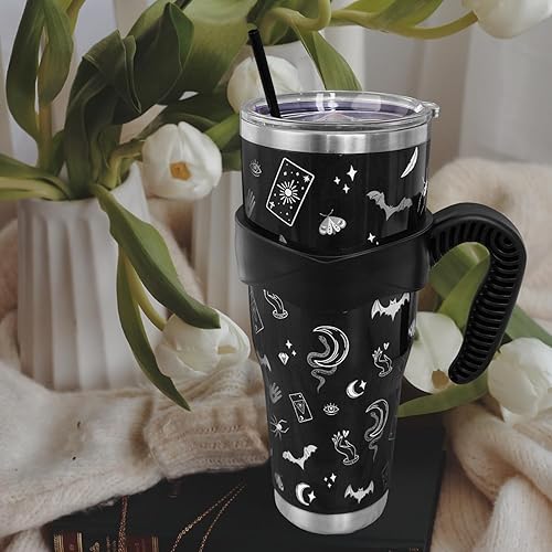 Miniatura 5 de Vaso gótico negro de 40 onzas con asa y pajita, vaso grande de acero inoxidable aislado al vacío para café helado, botella de agua, taza de viaje,