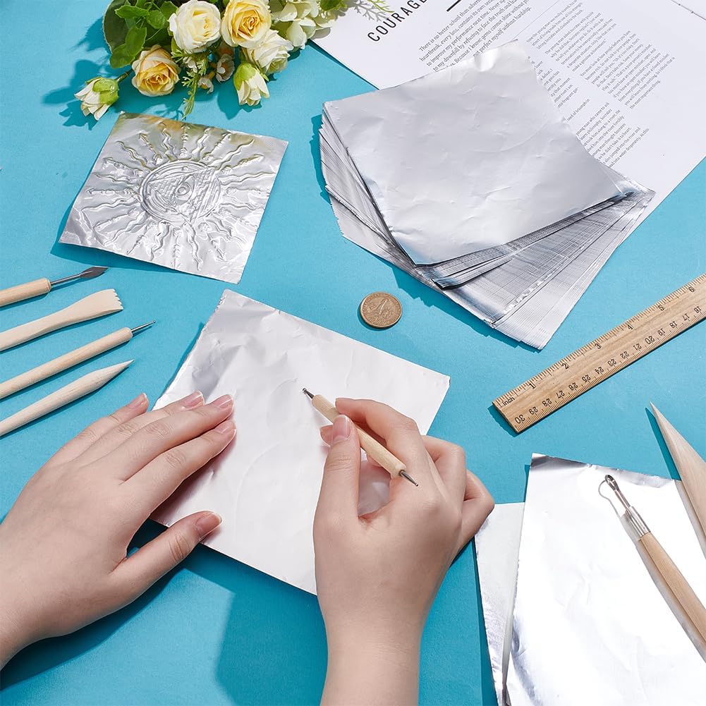 AHANDMAKER 100 Sheets 6x6 Inch Heavy Duty Aluminum Embossing Foil Sheets Silver Square Tin Foil for Painting Engraving Art Project Flashing Crafts DIY Supplies Model Making