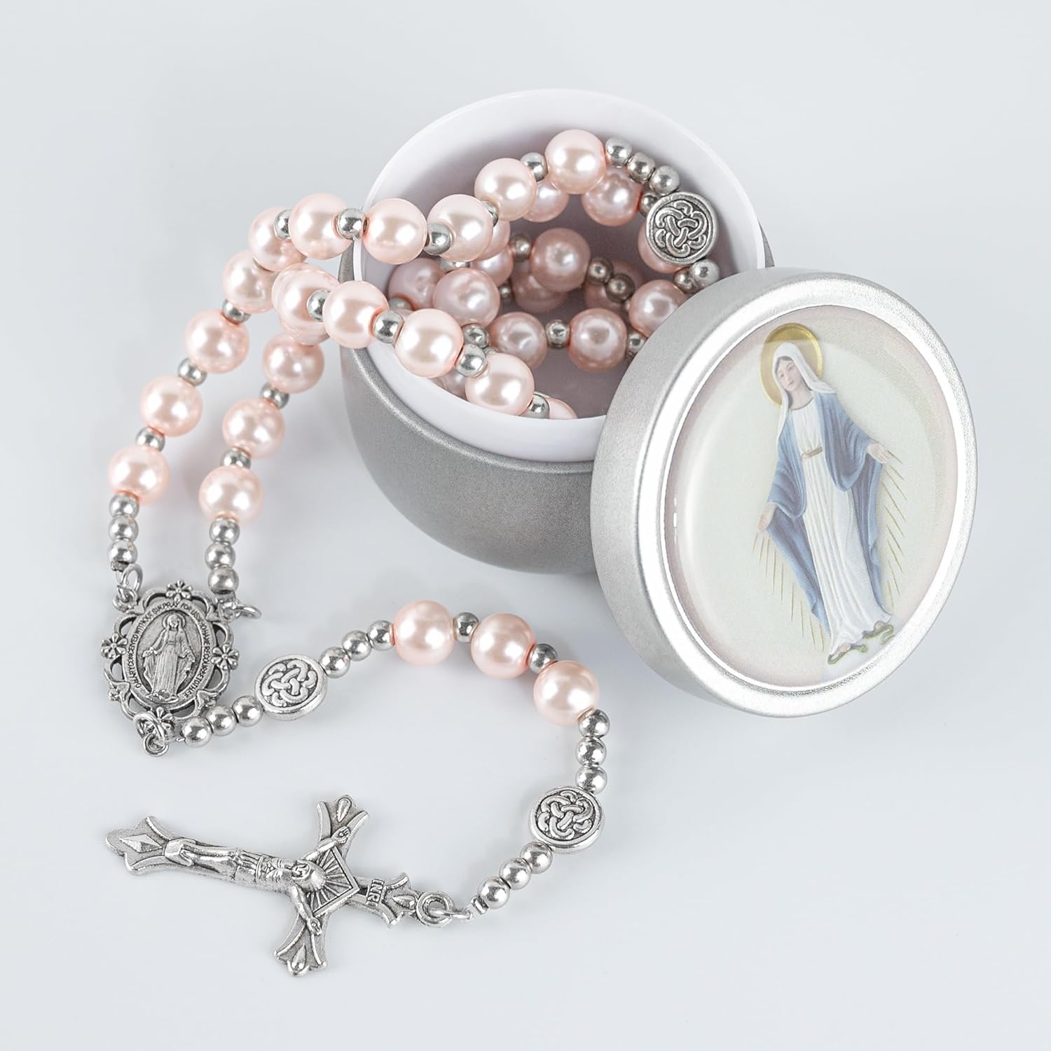 8mm Glass Pearl Rosary Necklace for Women - Catholic Prayer Beads with Gift Box, Handmade Religious Jewelry for Baptism, First Communion - Image 2