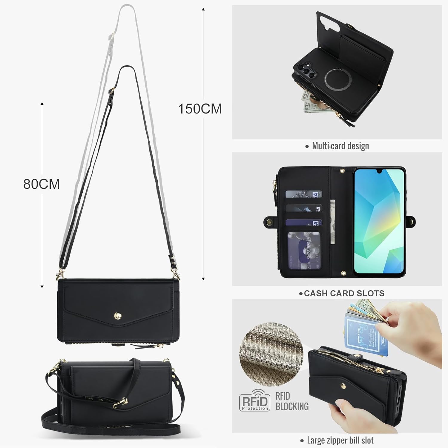 Phone Case for Samsung Galaxy A16 5G/4G Wallet Cover Compatible with Magsafe RFID Screen Protector Crossbody Lanyard Strap Flip Card Holder Slot Zipper Cell Purse A 16 16A SM-A166U A165M Black