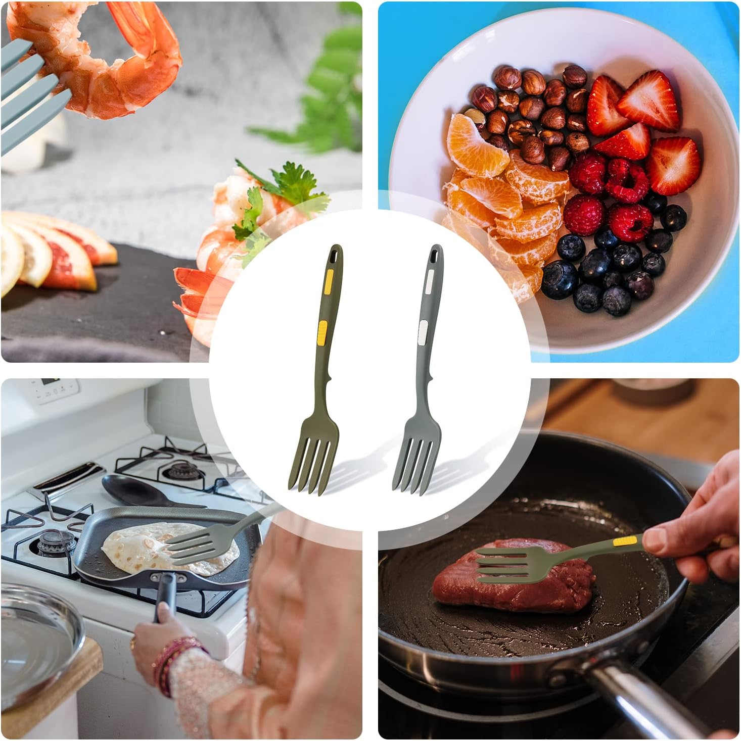2pcs Silicone Flexible Forks, Large Silicone Cooking Fork Heat Resistant, Multifunctional Nonstick Blending Fork for Cooking Utensil for Kitchen Stir Mix Mash (Gray Green, Dark Green)