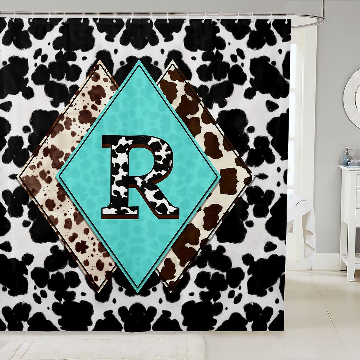 Black and White Cowhide Shower Curtain Set Highland Cow Print Western Bath Curtain 72"Wx72"L,Masculine Cottage Initial Letter R Personalized Mancave Alphabet Monogrammed Bathroom Accessories