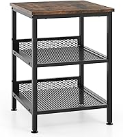 Giantex 3-Tier Industrial End Table with Mesh Shelves, Sturdy Metal Frame, 16" Square Side Table Nightstand for Small Spaces, Rustic Brown