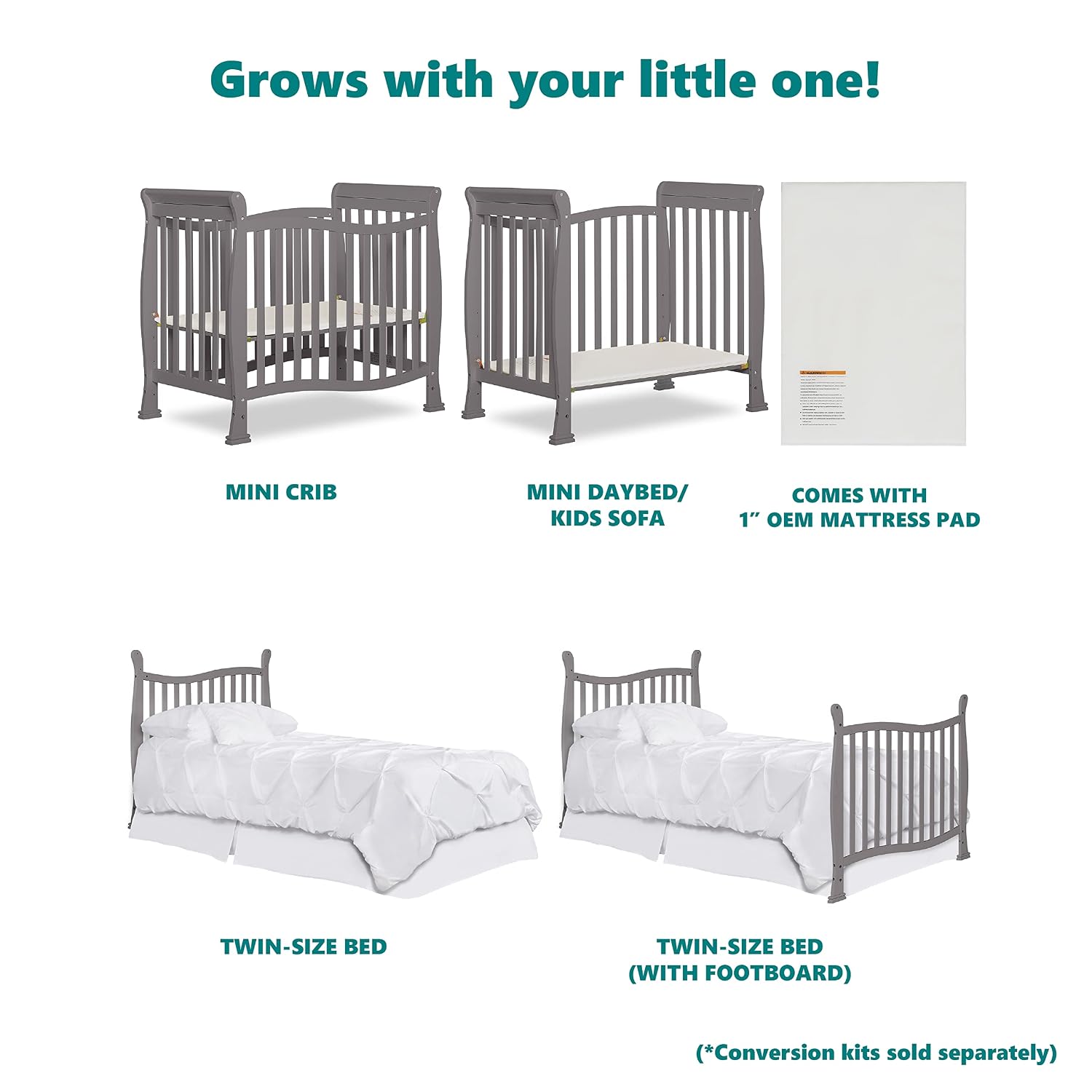 Dream On Me Violet 4-in-1 Convertible Mini Crib in Steel Grey, Greenguard Gold Certified, JPMA Certified, 3 Position Mattress Height Settings, Non-Toxic Finish
