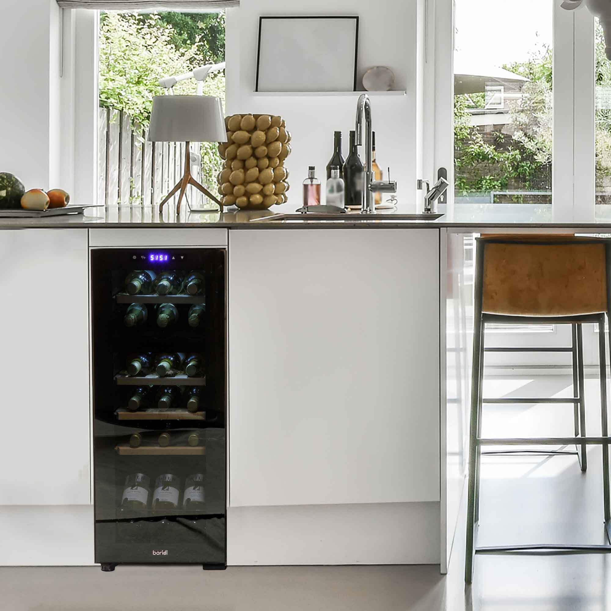 Dellonda Baridi 18 Bottle Dual Zone Wine Cooler, Fridge with Digital Touch Screen Controls, Wooden Shelves & LED Light, Black - DH89 — view 8
