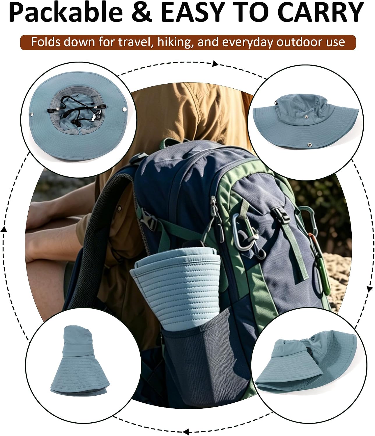 Womens Sun Hat with Ponytail Hole Wide Brim UPF 50+ Waterproof Bucket Hat Packable with Chin Strap for Hiking Beach Travel