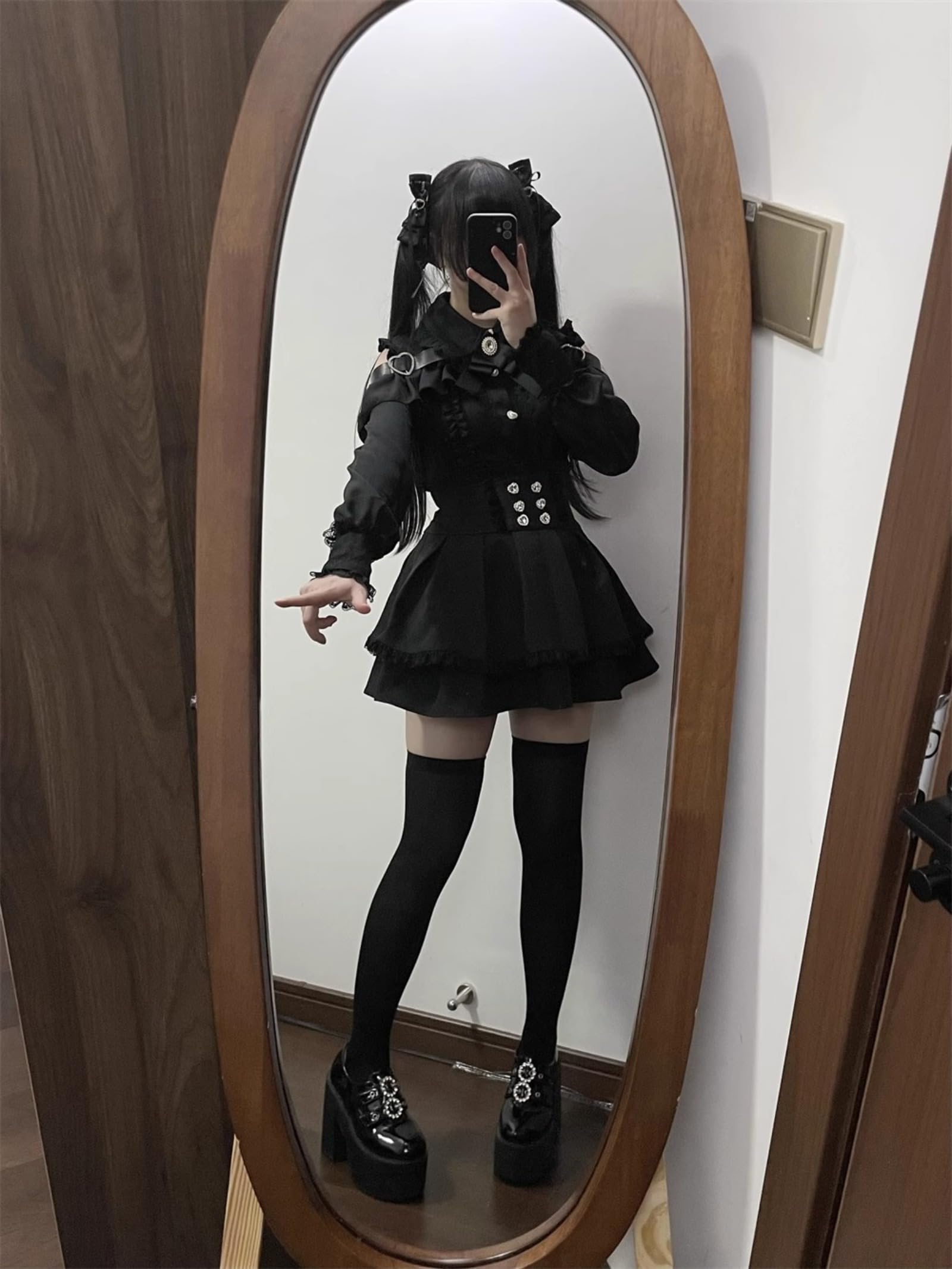 Wayolyn Lolita Shirts Jirai Kei Fashion Kawaii Clothing Goth Shirts Women Lace Mesh Sheer Long Sleeve Blouse: Black X-Large