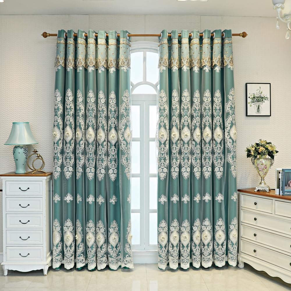 European Luxury 3D Relief Embroidery Curtains - Double-Layer Blackout Drapes, Flower Embroidered Sheer Yarn, for Living Room & Bedroom (1 Pair, Emerald Green W51 L102 inch)