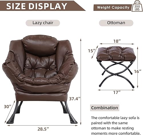 Miniatura 3 de MEETWARM Moderna silla perezosa de piel sintética con otomana, silla de salón contemporánea con acento contemporáneo, sofá tapizado individual con