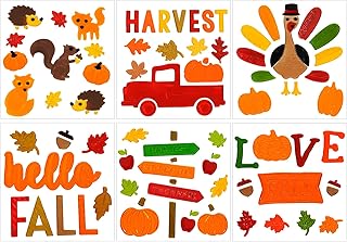 JOICEE 6pcs Fall Gel Window Clings, Thanksgiving Pumpkin Turkey Maple Leaf Harvest Window Clings Sticker for Fall Window Decors