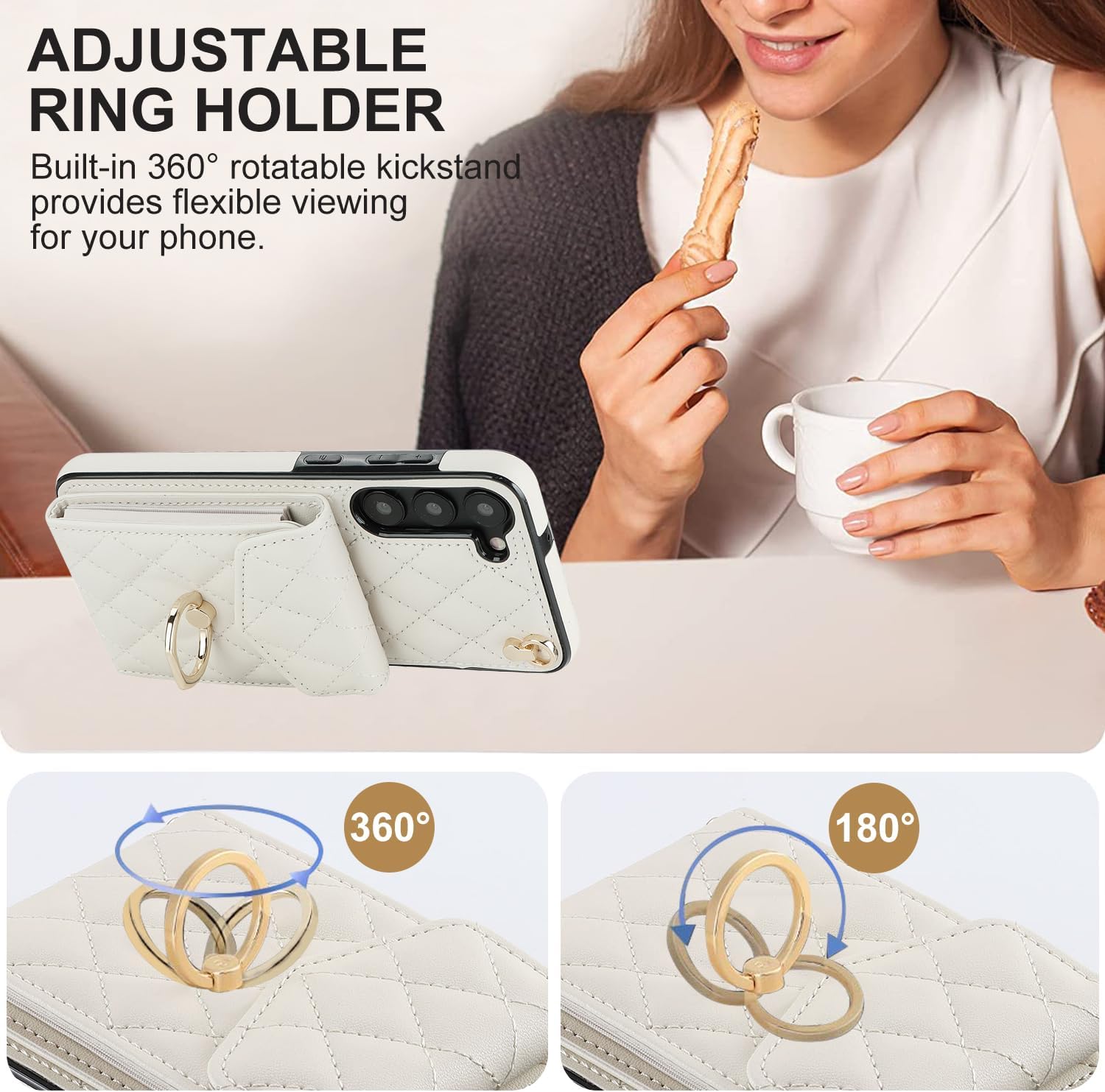 Asuwish Phone Case for Samsung Galaxy S23 5G Wallet Cover with Tempered Glass Screen Protector and Wrist Strap Ring RFID Blocking Card Holder Cell S 23 23S GS23 G5 SM-S911U 6.1 inch Women Off White