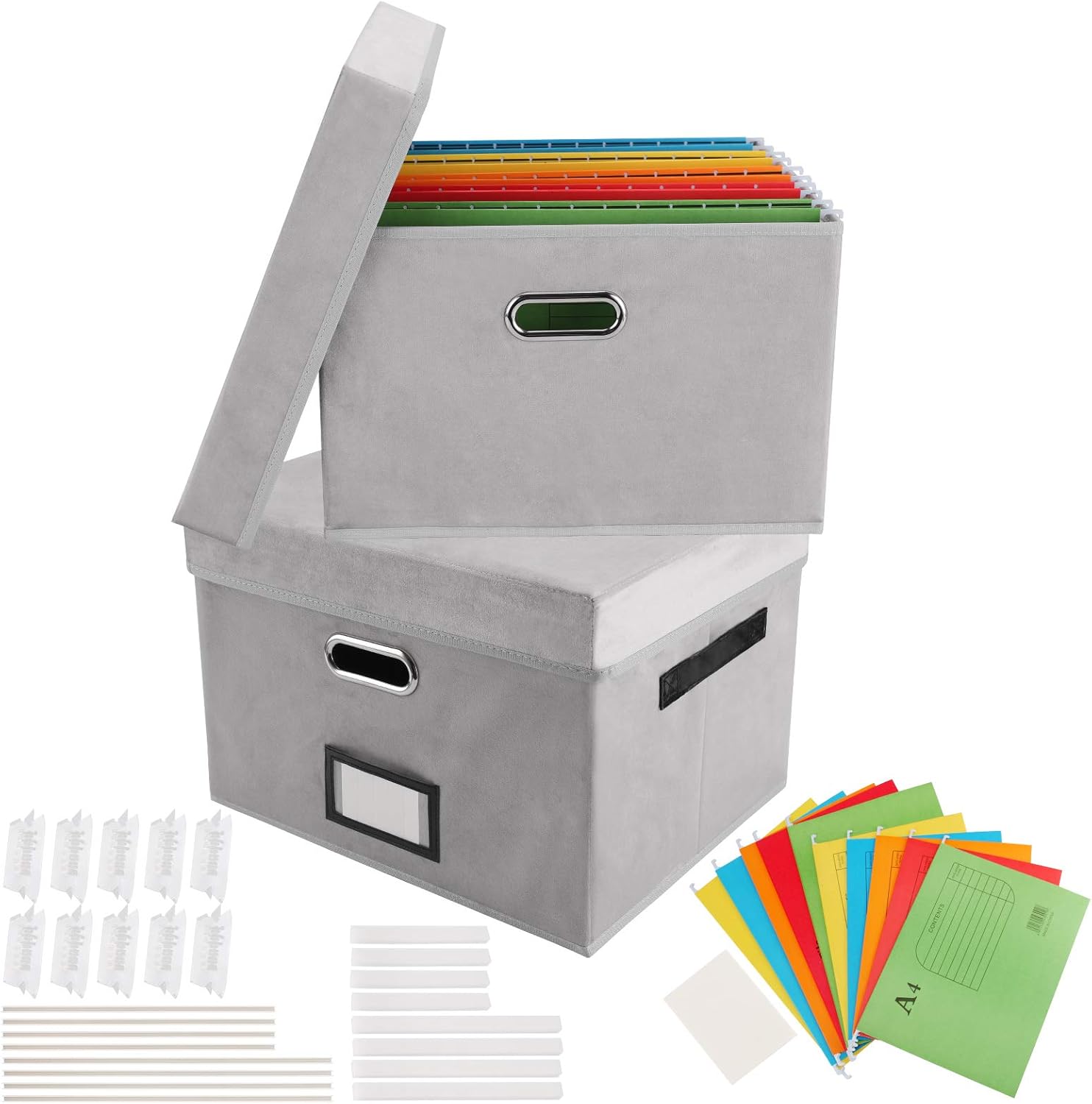 Velvet File Box, 2 Pack Office Letter/Legal Folder Organizer Boxes, Collapsible Document Hanging File Storage Cabinet, Large Capacity Filing Boxes with 8 Smooth Sliding Rail, 10 Folders (Light Gray) : Office Products