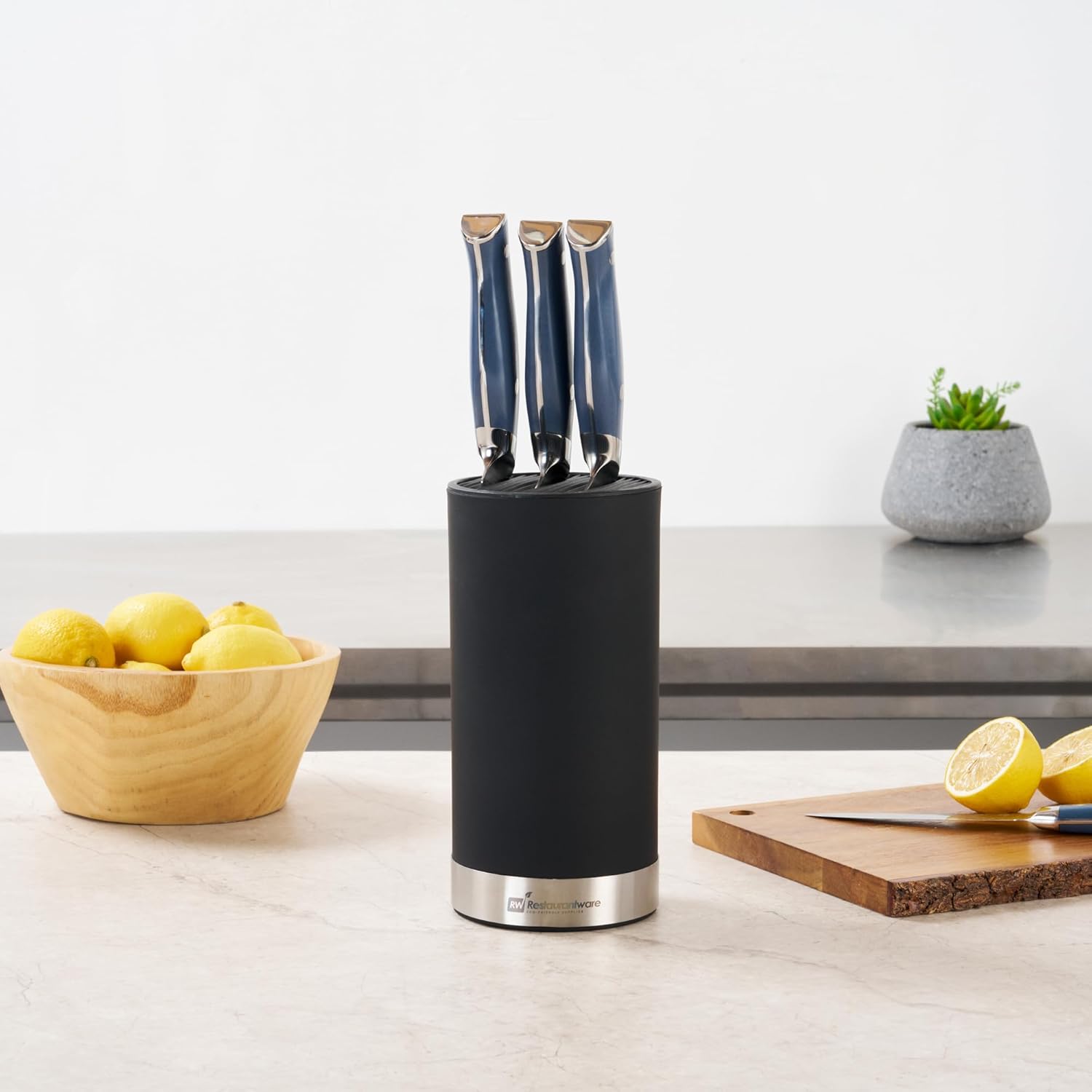 Restaurantware Sensei 4.3 x 8.8 Inch Round Knife Block 1 Round Slotted Knife Holder - Soft Touch Holds 9 Knives Black Plastic Universal Knife Holder For Easy Storage