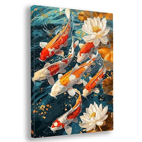 Carpa Pintar por Numeros Adultos, DIY Kits de Pintar por Numeros con Marco, Manualidades Adultos Loto Paint by Numbers Adult, Pintura al Óleo de Lienzo para Decoracion Pared, Regalo, 70x90cm, S-50