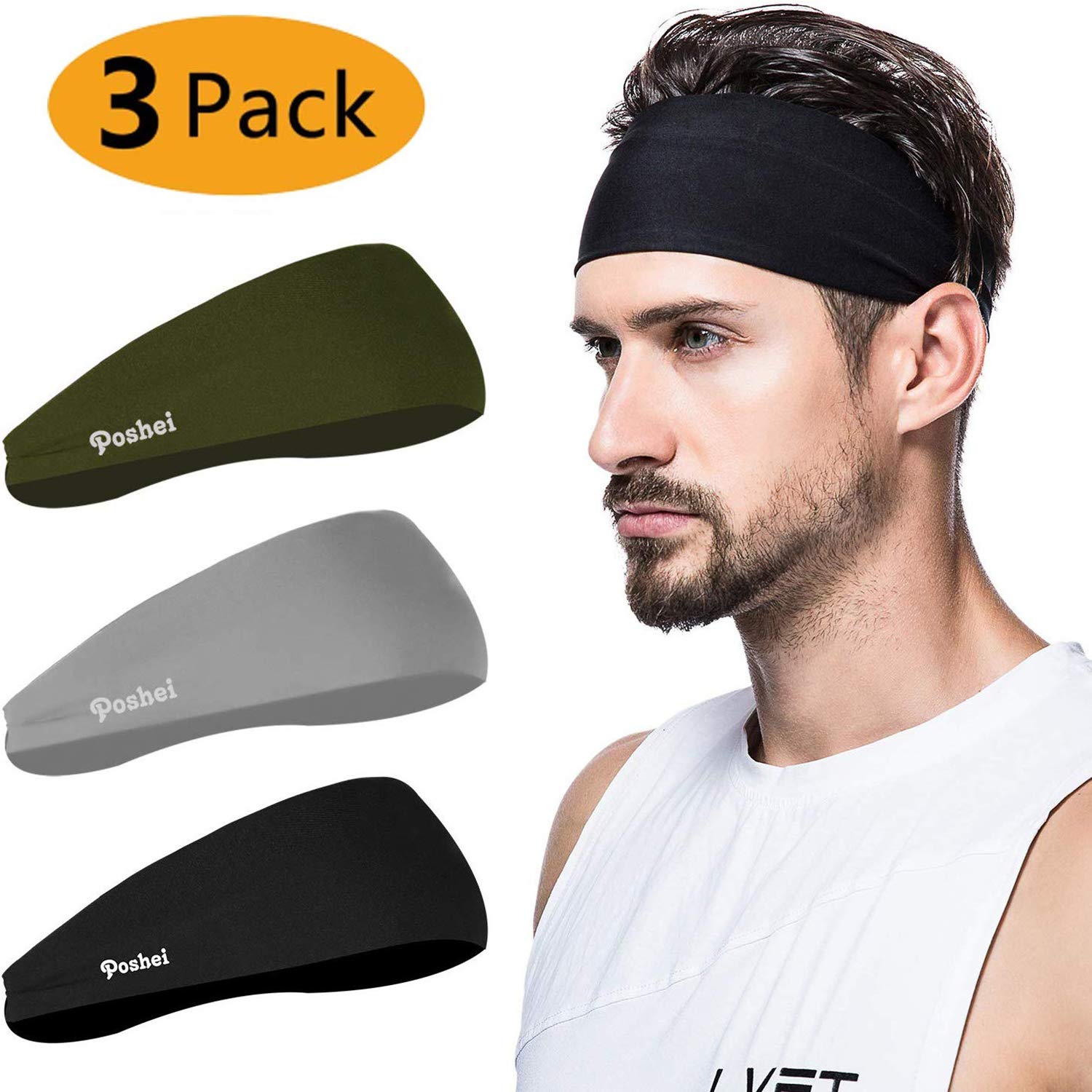 posheiMens Headband, Mens Sweatband & Sports Headband for Running,Cycling, Yoga, Basketball - Stretchy Moisture Wicking Unisex Hairband, Black/Dark Green/Grey, Large (HD-1037)