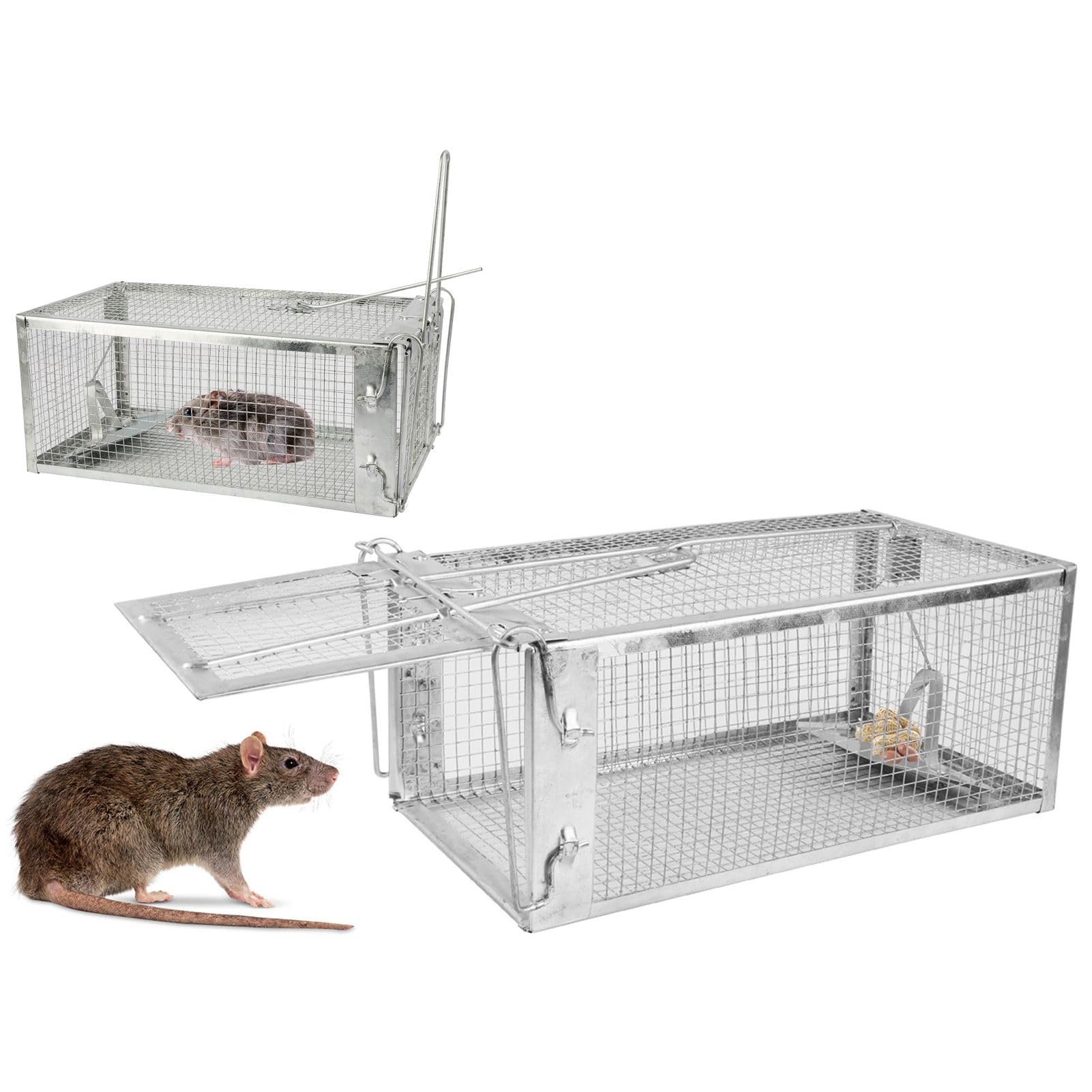 1-Pack Humane Rat Trap, 1-Door Small Live Chipmunk Trap That Work for Indoor Outdoor, Easy to Catch and Release Live Animal Trap Mouse Trap Cage for Rodent Mice Voles Hamsters, Metal & Reusable