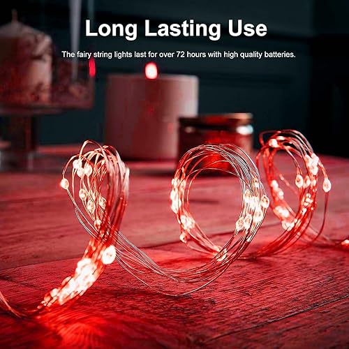 Miniatura 2 de echosari Paquete de 2 guirnaldas de luces rojas que funcionan con pilas, 200 luces LED de 66 pies, alambre plateado, con temporizador automático, 8