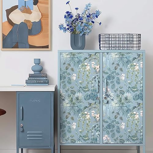 Vista 49 de Ismoon Papel tapiz verde para despegar y pegar, diseño bohemio floral y hojas en papel adhesivo grueso, papel adhesivo botánico oscuro, extraíble