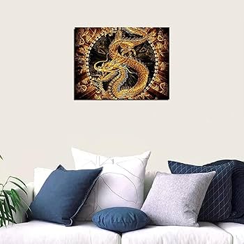 Amazon.co.jp: キャンバス絵画 昇運 幸運 黄金のドラゴン アートパネル