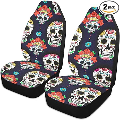 Luminous Sugar Skulls Car Seat Covers Set of 2 Auto Front Seats Protector High Stretch Back Easy Install Bucket Seat Cover for Car, SUV, Truck