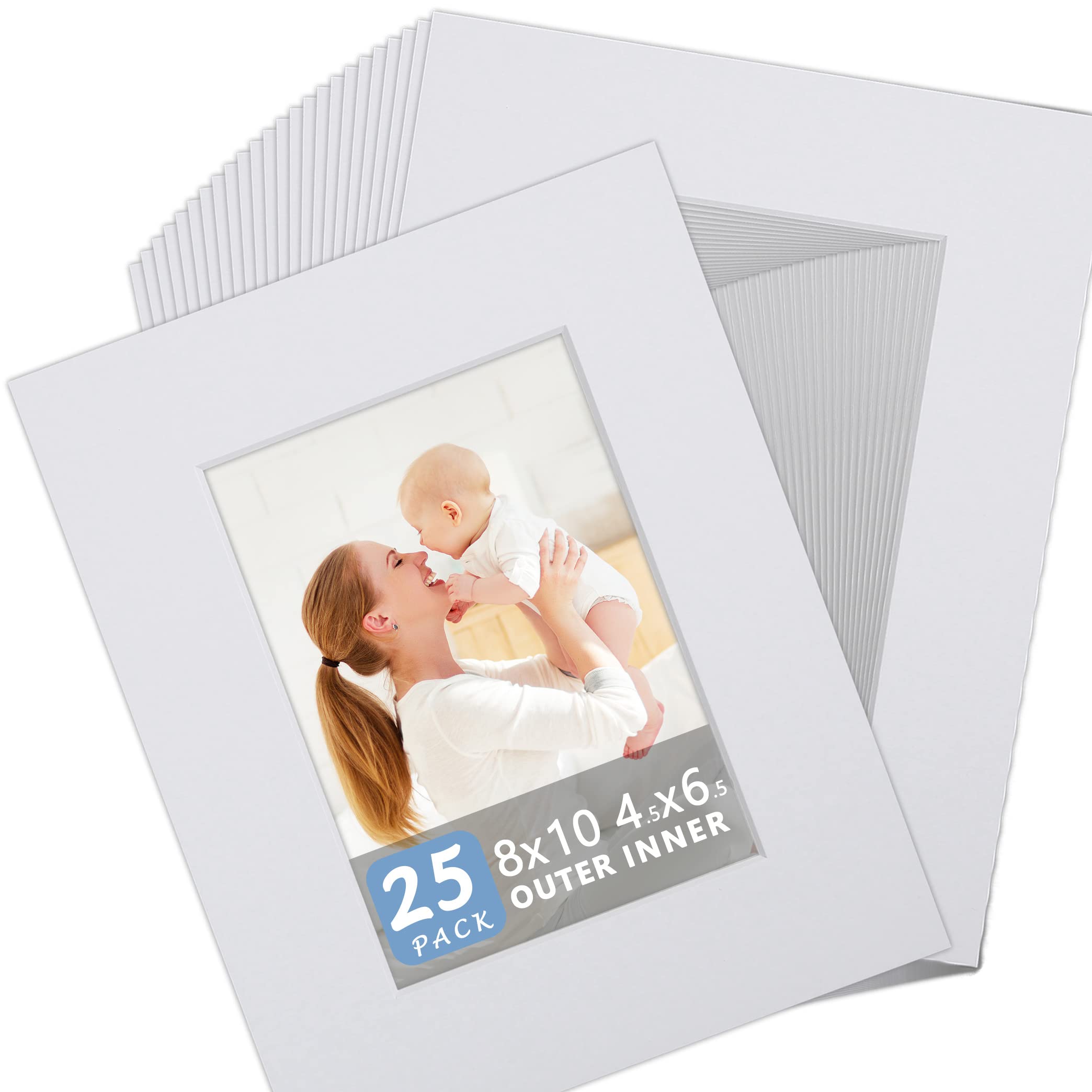Somime 25 Pack White Picture Mats - 8x10 Pre-Cut Mats for 5x7 Photos - White Core Bevel Cut Frame Matte, Acid Free, Ideal for Frames, Artwork and Prints