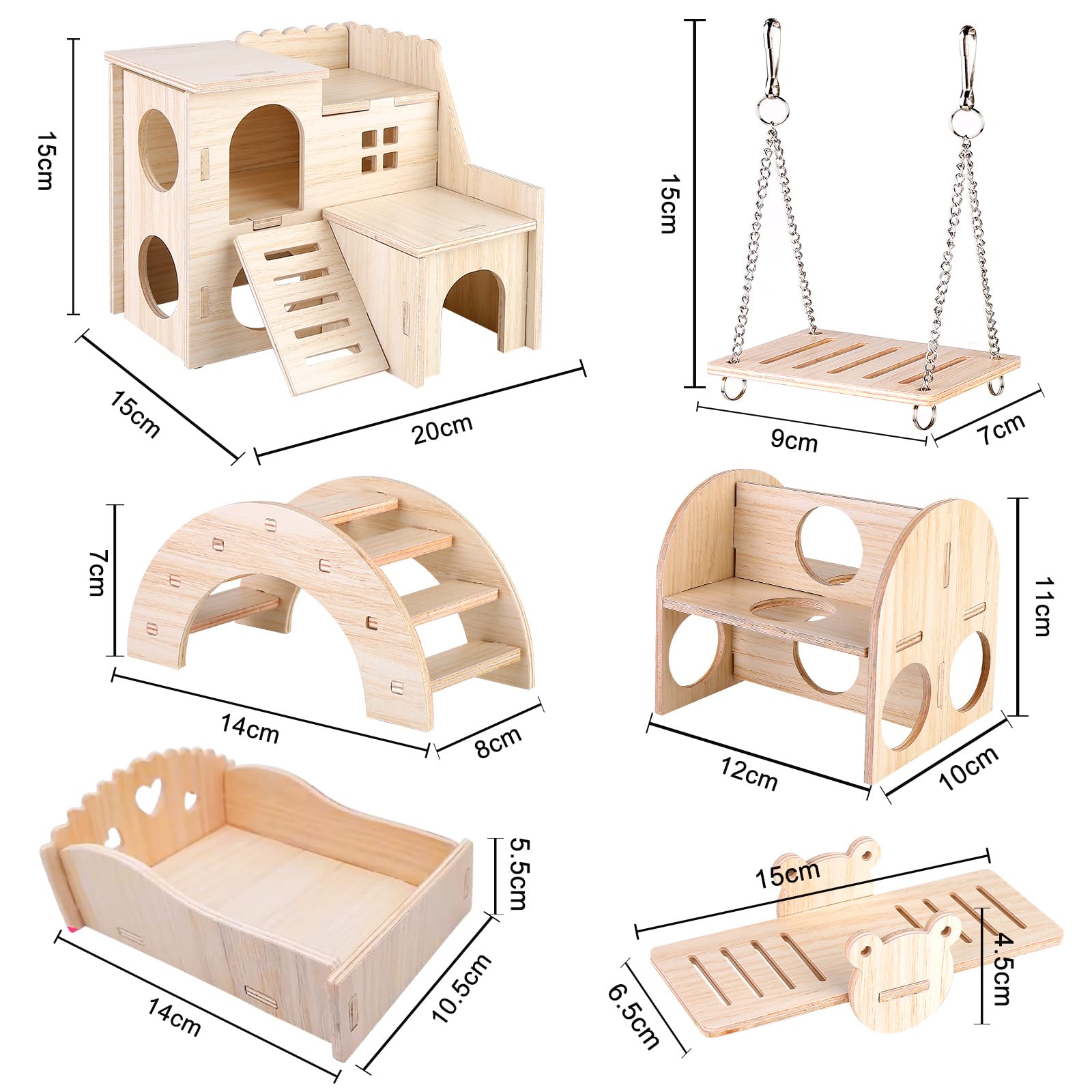 Vegena Wooden Hamster Toy Set, 6 Pcs Hamster Toys Set, Wooden Pine Guinea Pigs Toy, Including Wooden Hamster House Seesaw Bridge And Swing, Wooden Toys for Hamster Bunnies Small Pet - Image 2
