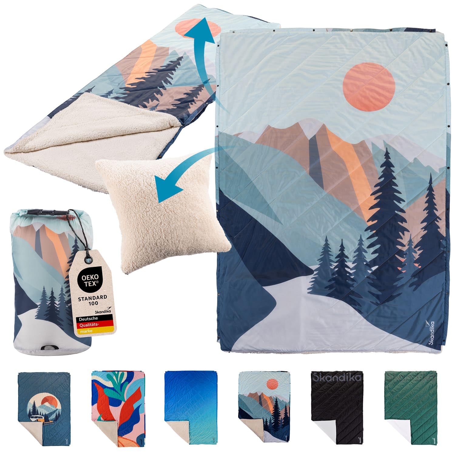 Skandika Campingdecke Liva | 4-in-1 Outdoor Decke, 200 x 135 cm, Überwurf, Schlafsack, Kissen, mit Teddyfell oder Nylon Unterseite, Wattierung aus Polyester, wasserdicht (Berge | Teddyfell)