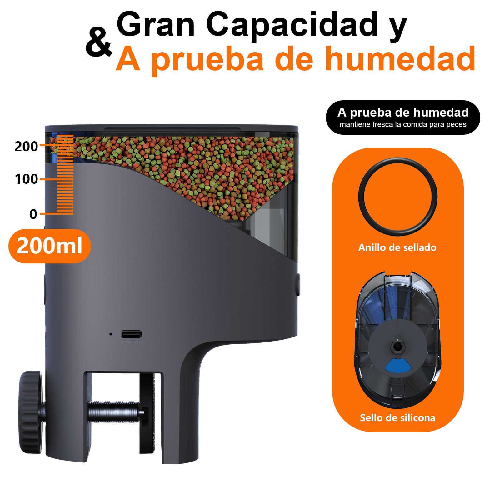Comedero Peces WiFi, Cámara 2.5K HD, App 2.4/5G, Dosis Precisión 0,2g Anti-Atascos, Vacaciones, Depósito 200ML Anti-Humedad, Temporizador Control Remoto, Acuario Agua Dulce, Salada