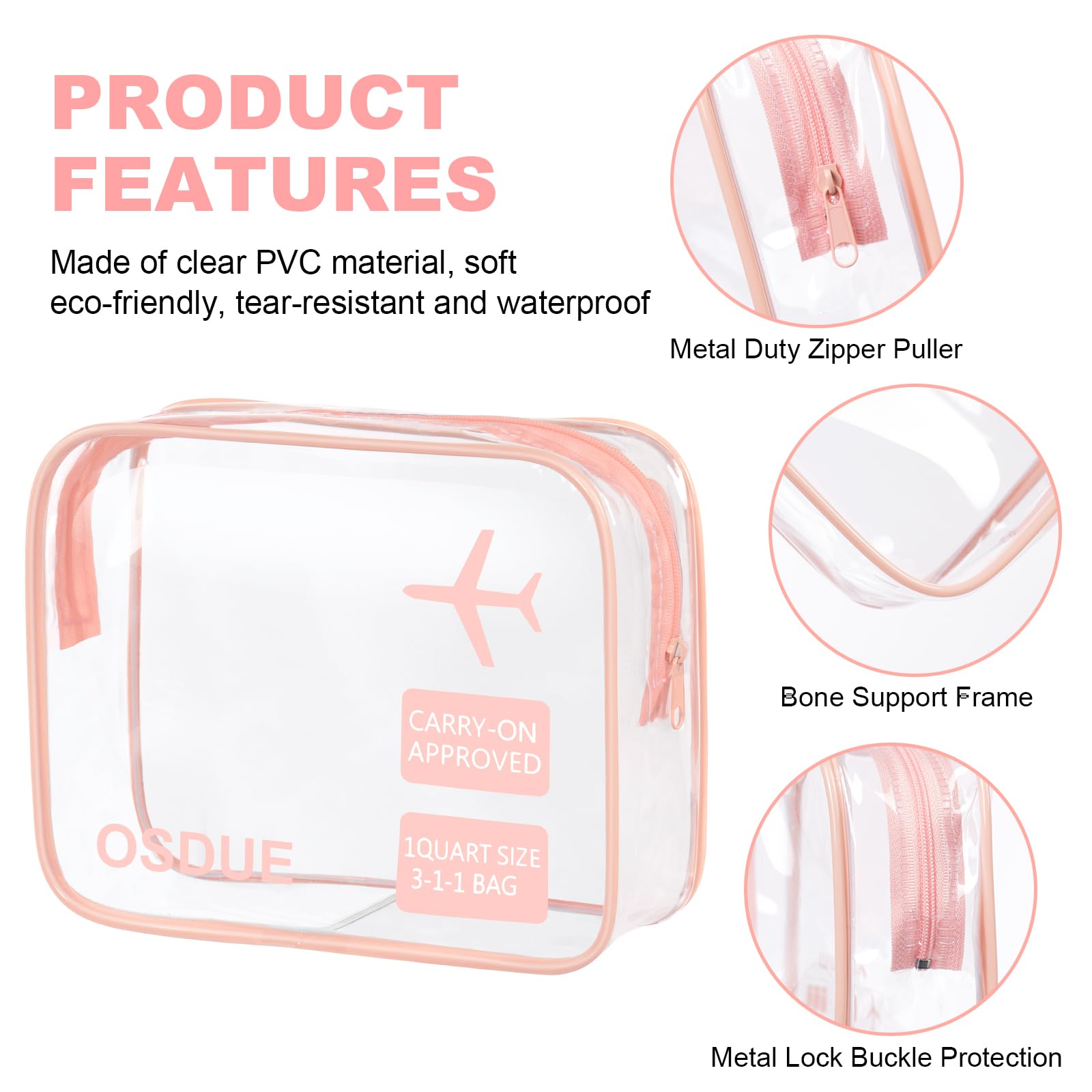 OSDUE Trousse de Toilette Transparente, 2 Pièces Kit Voyage Avion, PVC Étanche Trousse de Toilette Voyage pour Homme et Femme Sac de Rangment Avion Transparente Maquillage, Rose - 3