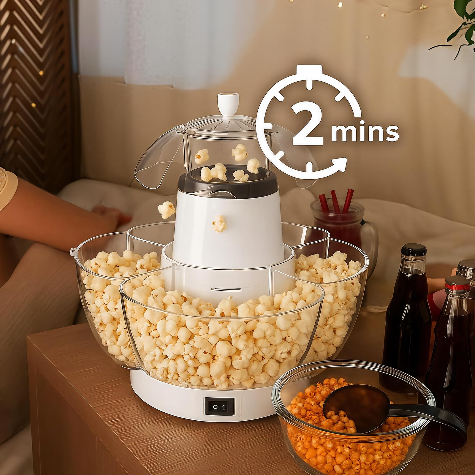 Macchina per popcorn ad aria calda CYTBEK da 1200 W con 4 ciotole rimovibili - Pronta in 2 minuti, snack salutari senza olio