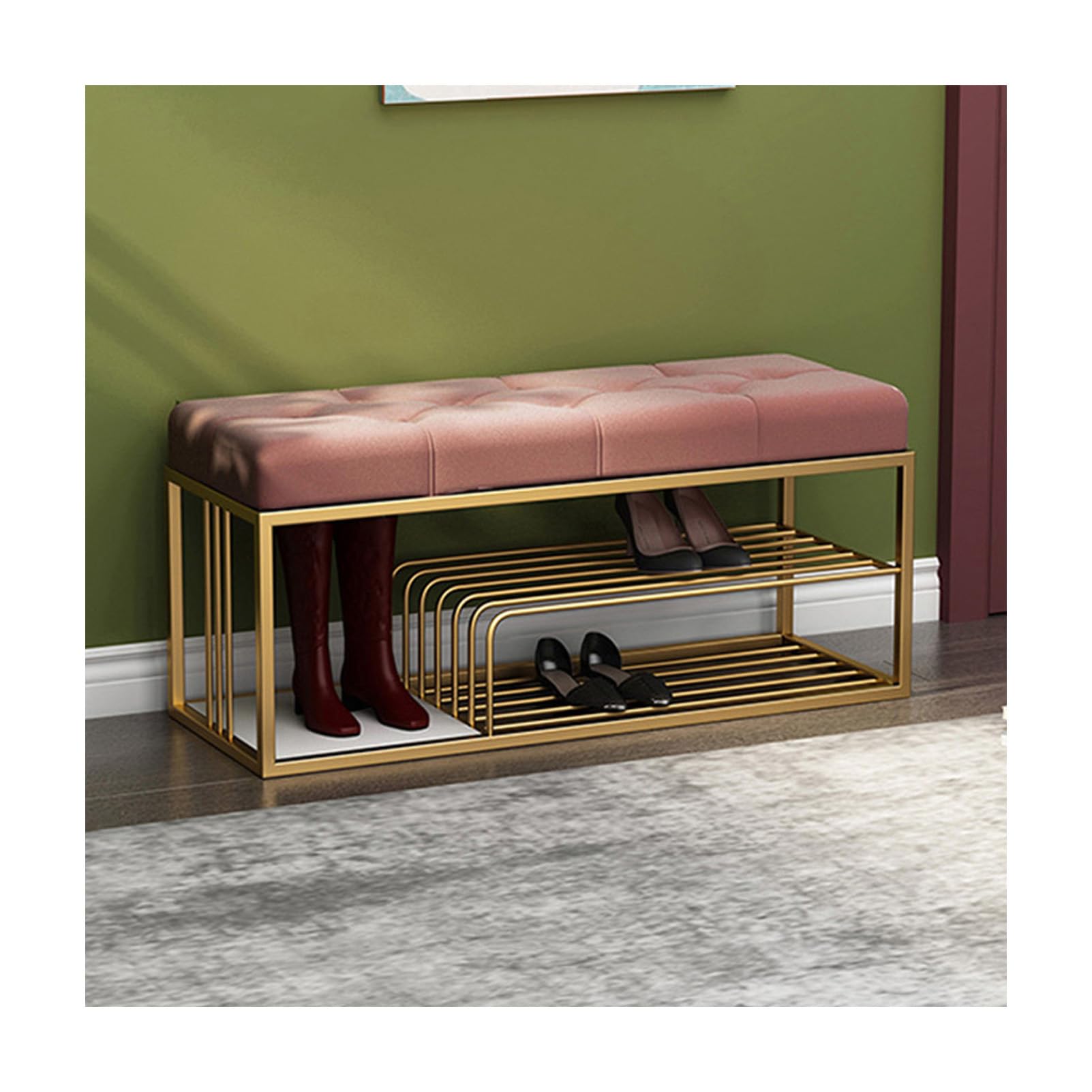 MSHGSKU Velvet Storage Bench with Cushion 3 Tier Entryway Hallway Shoe Rack Upholstered Seating Gold Metal Frame Stylish nizer for Home Décor