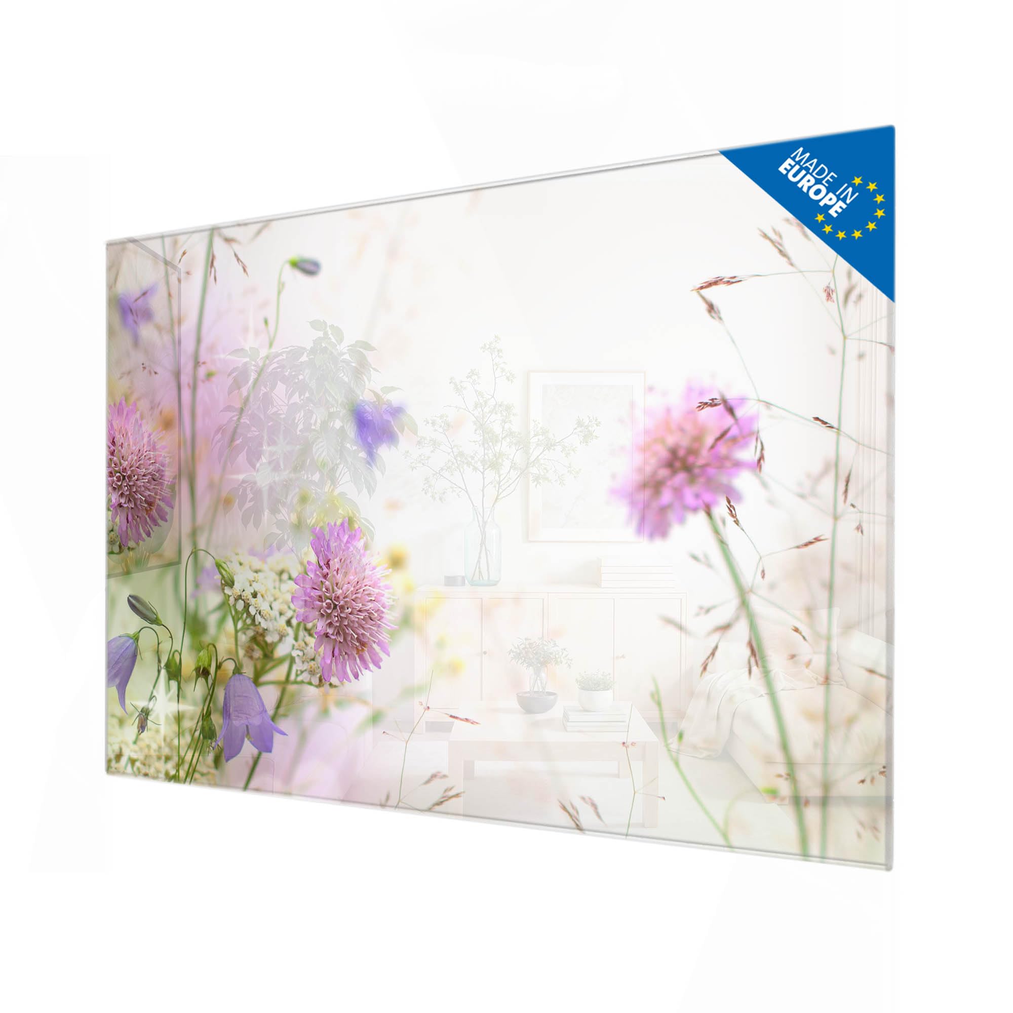 banjado Glas-Memoboard in 60x40cm mit Blumen- und Pflanzenmotiv | Beschreibbares Glasboard für Planung und Fotos, mit Motiv Glitzernde Wiese im floralen Stil