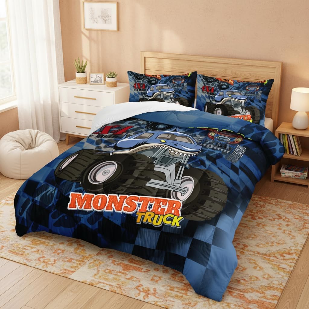 AILONEN Truck Comforter Set Queen Size, 3D Monster Truck on Blue Background Theme Bedding Set for Kids Boys Girls All Season,Soft Microfiber,3 Pieces,1 Quilt and 2 Pillowcases
