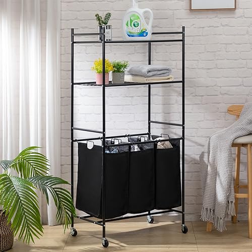 HollyHOME Carrito clasificador de ropa sucia con estantes, 3 secciones, cesta de lavandería, organizador extraíble con ruedas, organizador de ropa